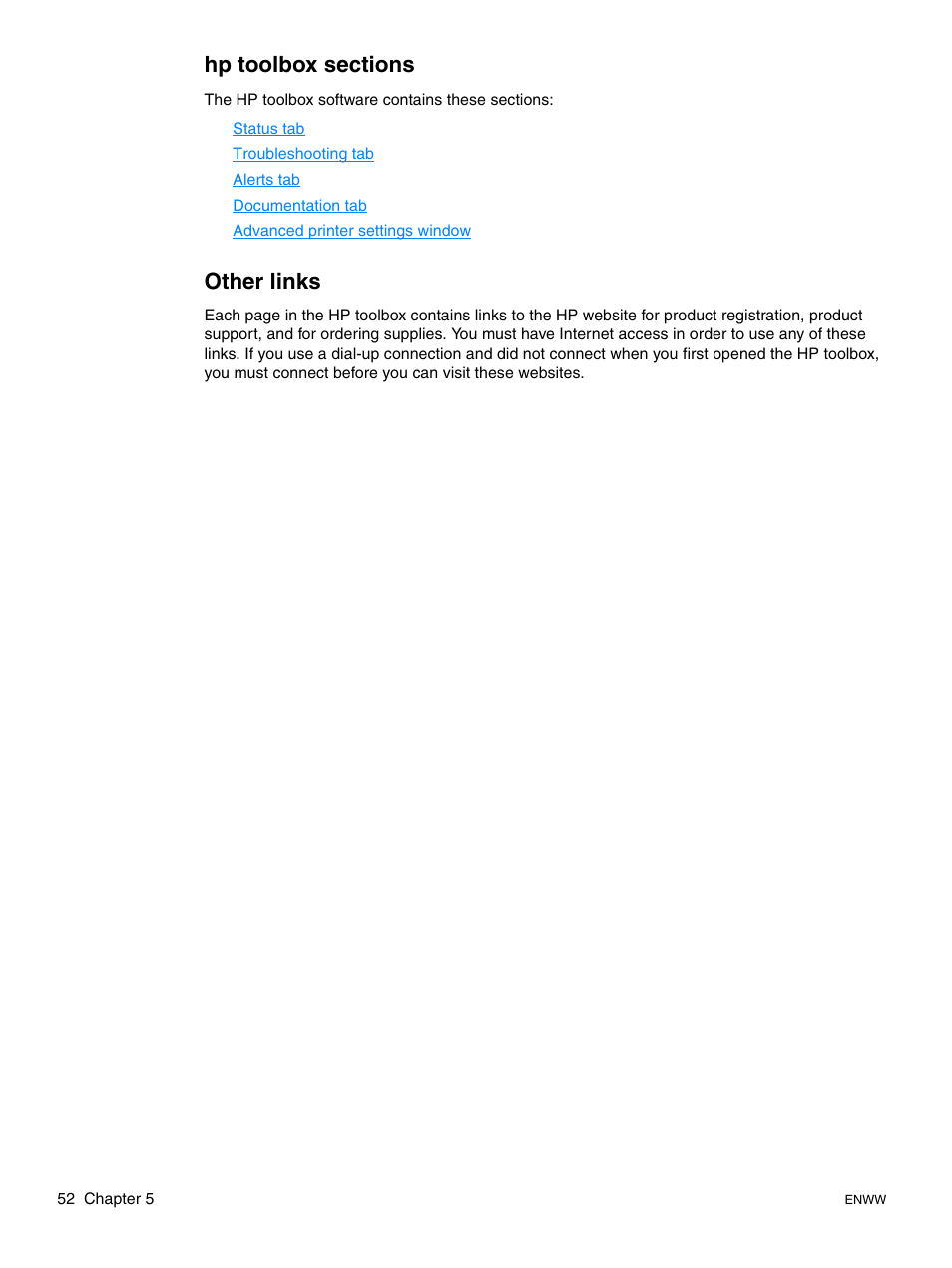 Hptoolbox sections, Other links, Hp toolbox sections other links | HP LaserJet 1015 Printer User Manual | Page 60 / 122