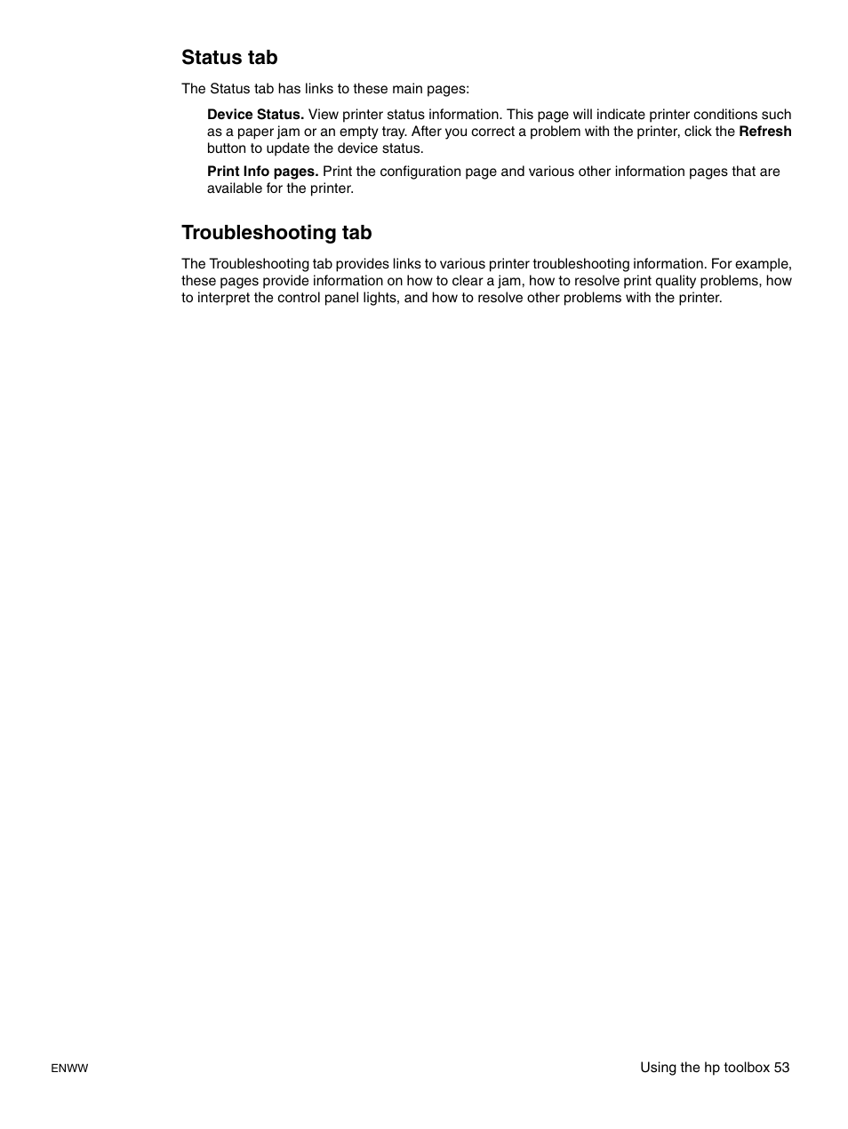 Status tab, Troubleshooting tab, Status tab troubleshooting tab | HP LaserJet 1015 Printer User Manual | Page 61 / 122