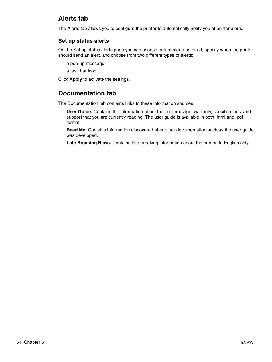 Alerts tab, Documentation tab, Alerts tab documentation tab | Set up status alerts | HP LaserJet 1015 Printer User Manual | Page 62 / 122