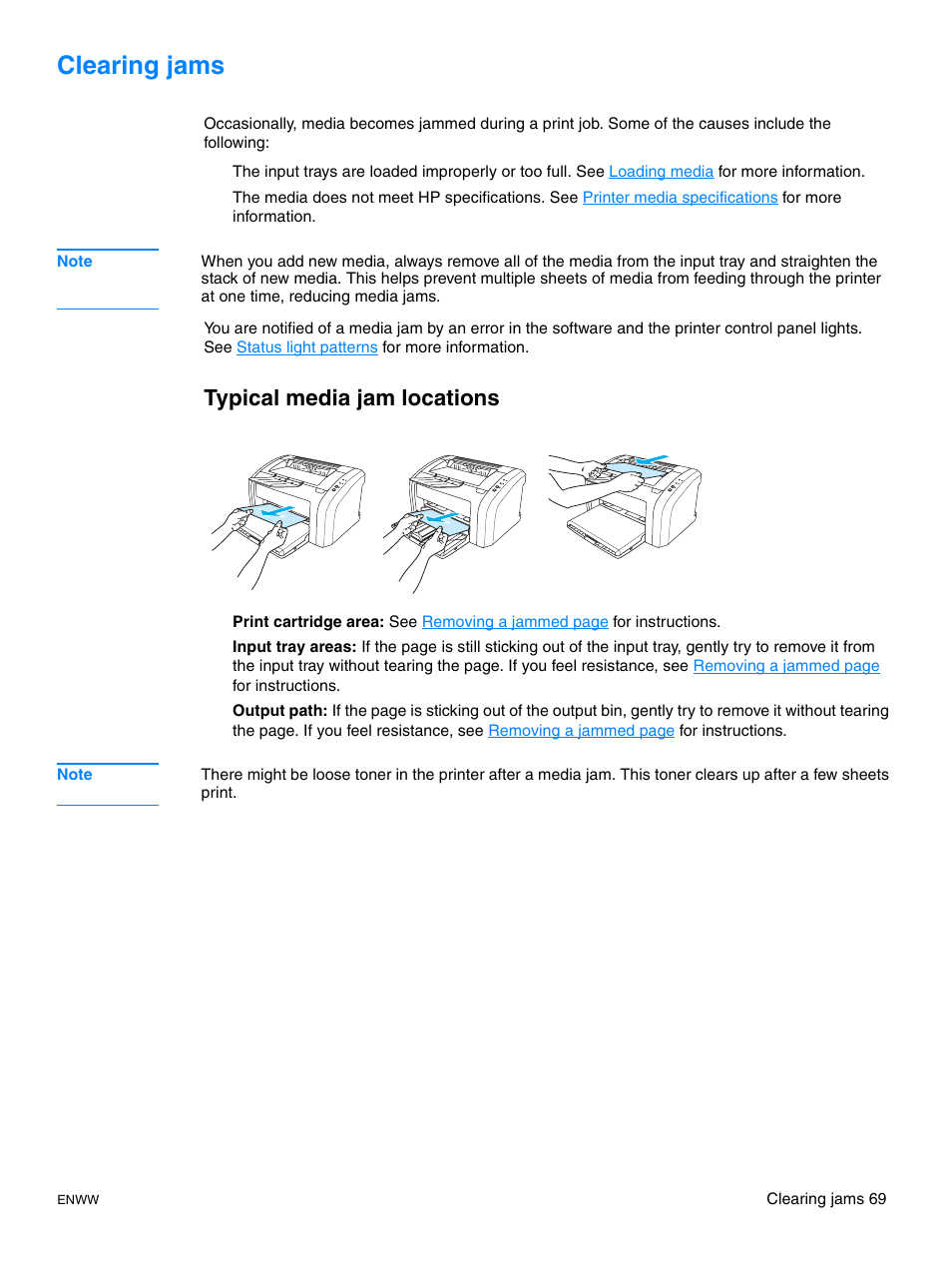 Clearing jams, Typical media jam locations | HP LaserJet 1015 Printer User Manual | Page 77 / 122