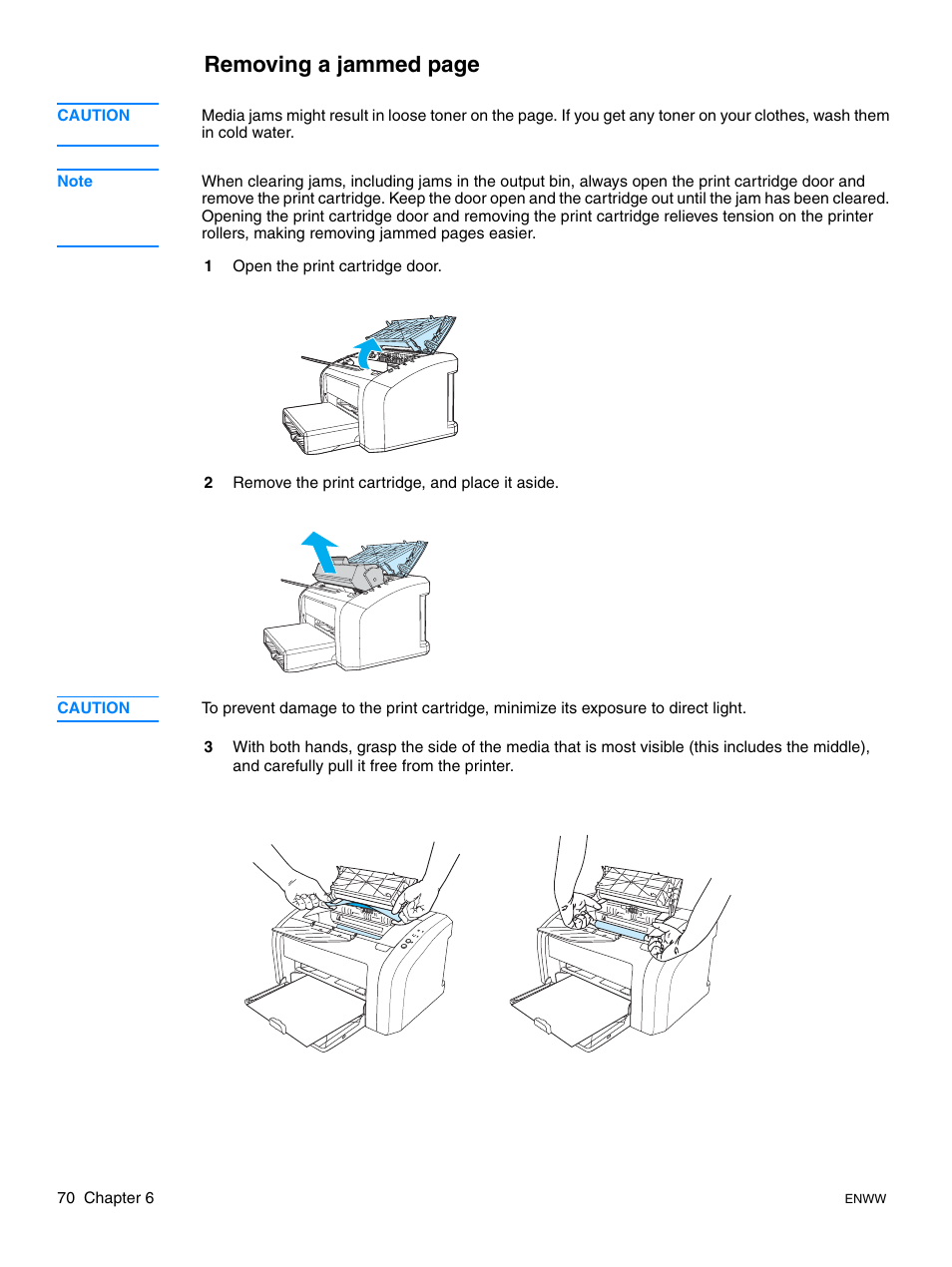 Removing a jammed page | HP LaserJet 1015 Printer User Manual | Page 78 / 122