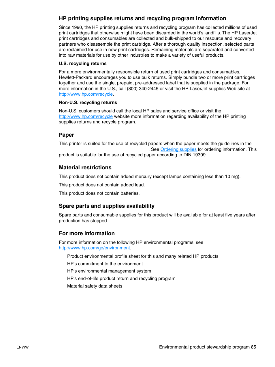 Paper, Material restrictions, Spare parts and supplies availability | For more information | HP LaserJet 1015 Printer User Manual | Page 93 / 122