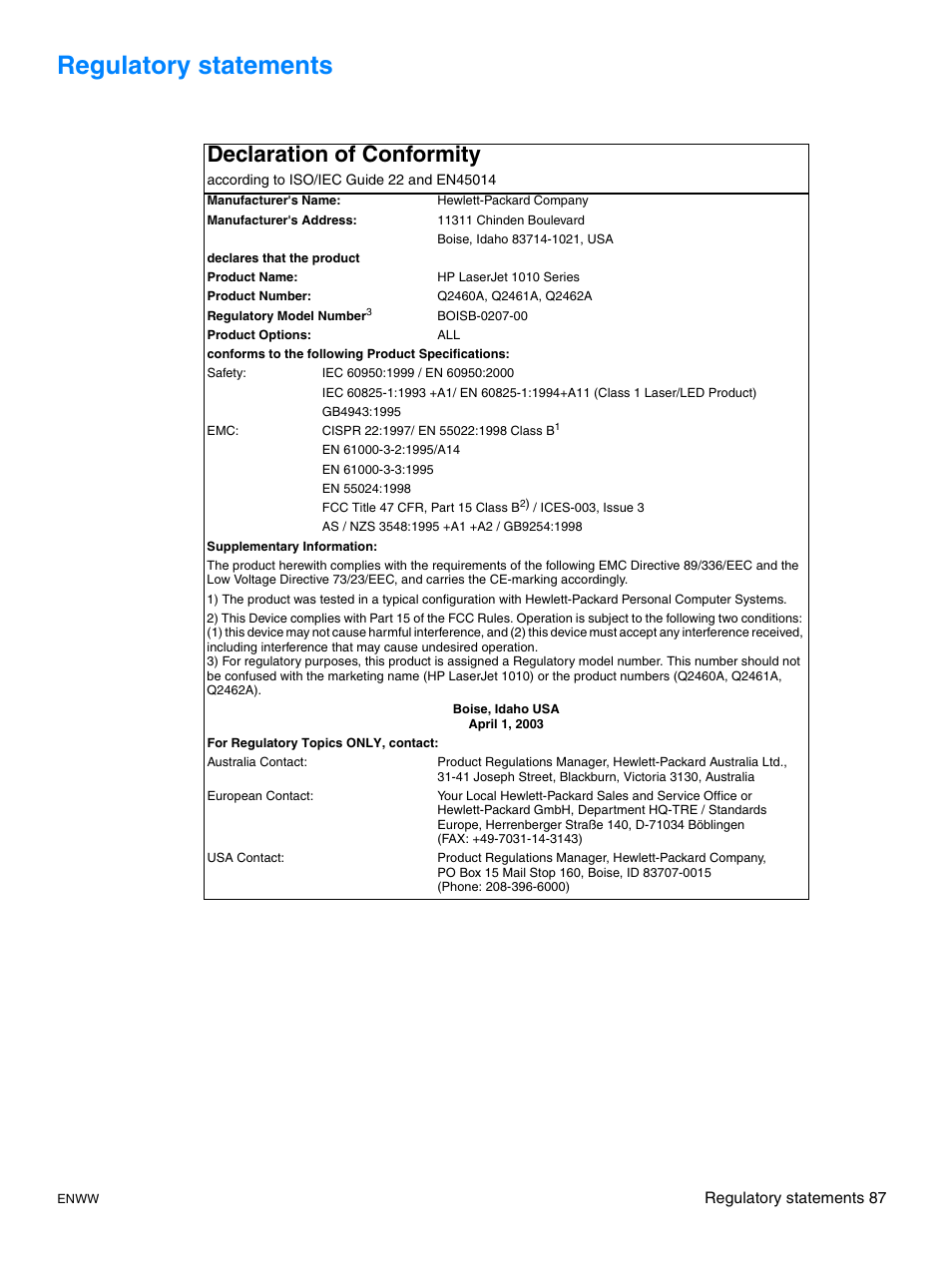 Regulatory statements, Declaration of conformity | HP LaserJet 1015 Printer User Manual | Page 95 / 122