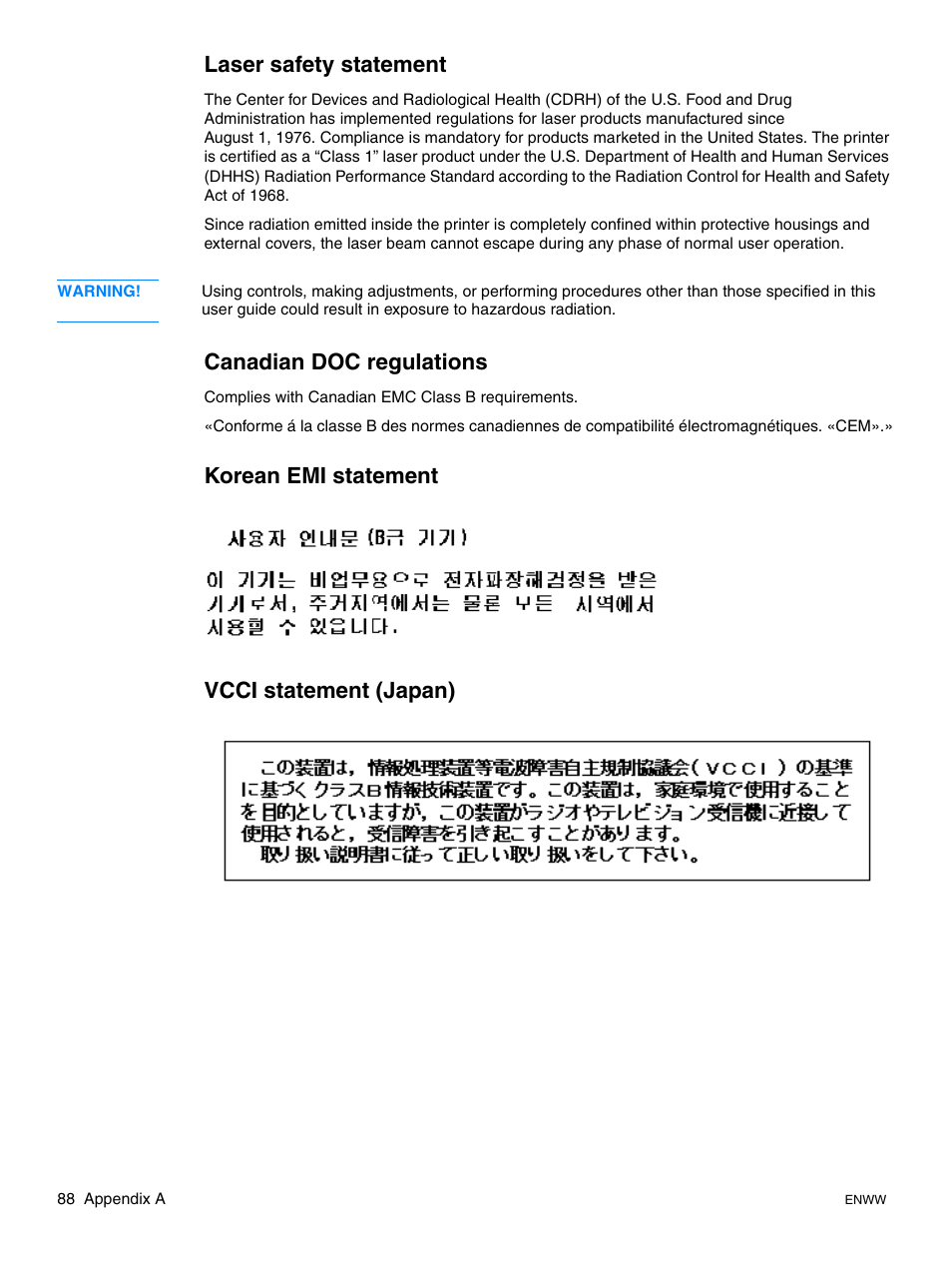 Laser safety statement, Canadian doc regulations, Korean emi statement | Vcci statement (japan) | HP LaserJet 1015 Printer User Manual | Page 96 / 122