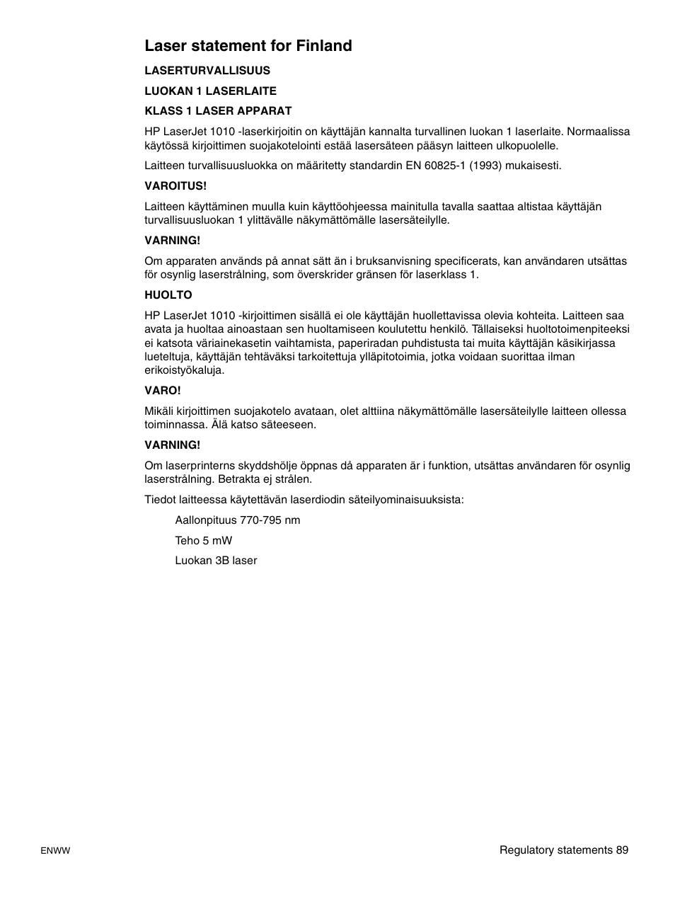 Laser statement for finland | HP LaserJet 1015 Printer User Manual | Page 97 / 122