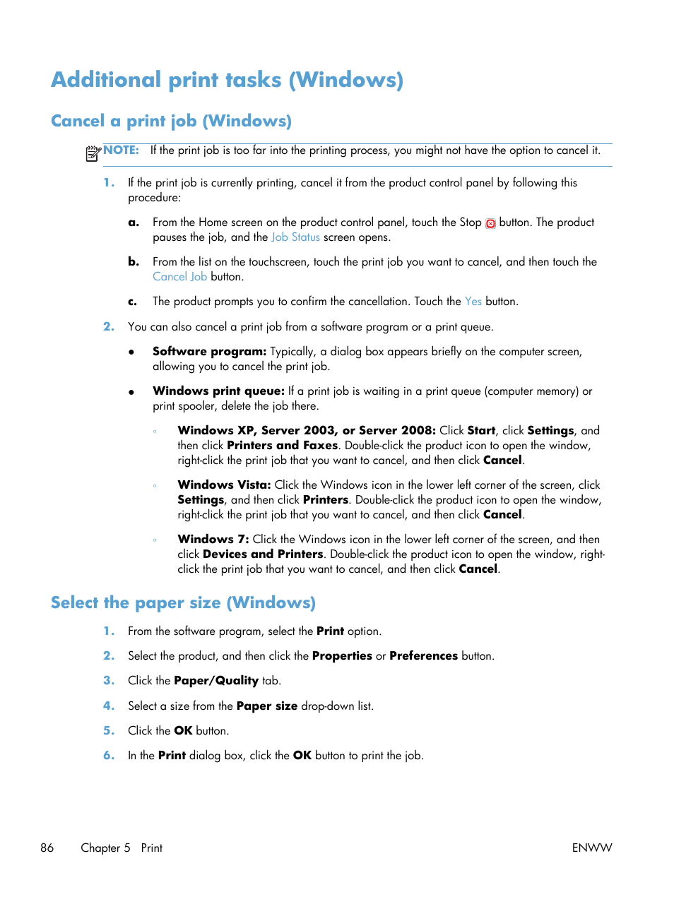 Additional print tasks (windows), Cancel a print job (windows), Select the paper size (windows) | HP LaserJet Enterprise 500 MFP M525 User Manual | Page 100 / 332