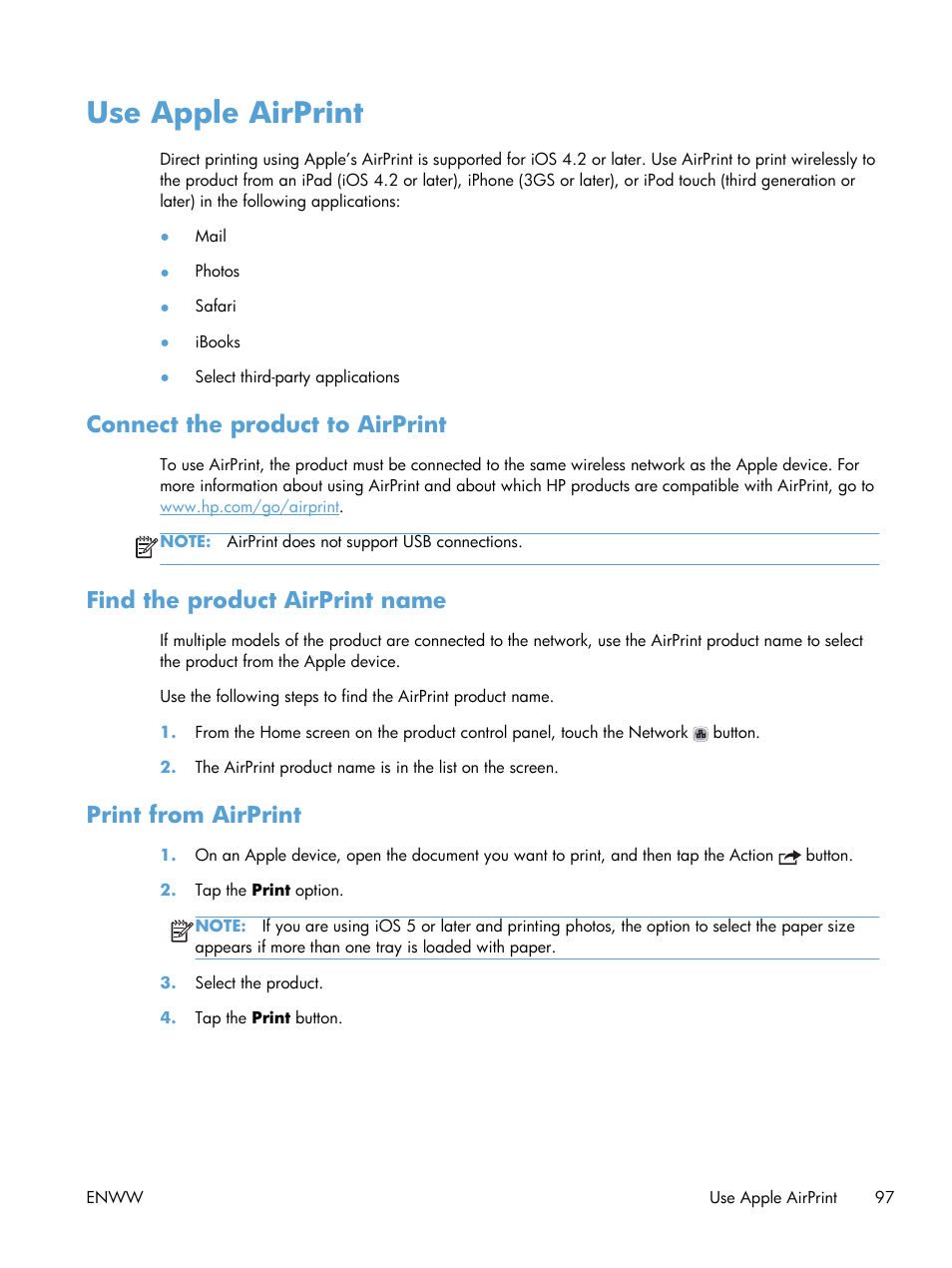 Use apple airprint, Connect the product to airprint, Find the product airprint name | Print from airprint | HP LaserJet Enterprise 500 MFP M525 User Manual | Page 111 / 332