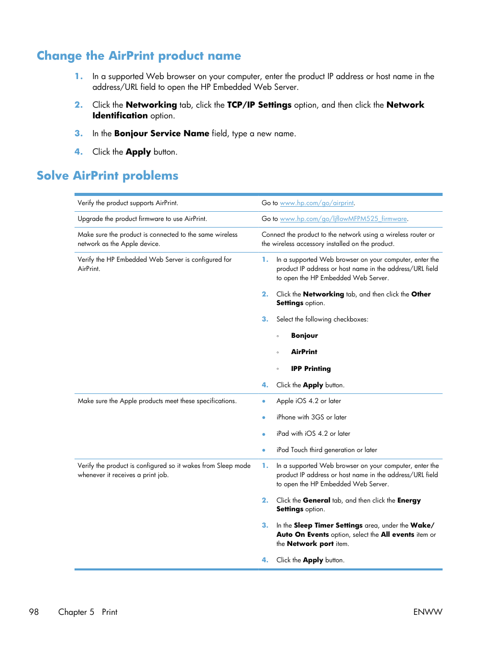 Change the airprint product name, Solve airprint problems | HP LaserJet Enterprise 500 MFP M525 User Manual | Page 112 / 332