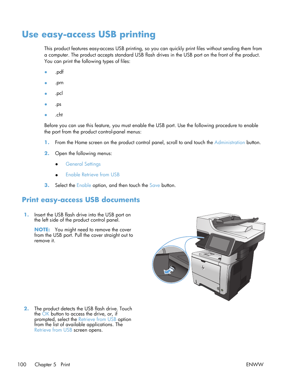 Use easy-access usb printing, Print easy-access usb documents | HP LaserJet Enterprise 500 MFP M525 User Manual | Page 114 / 332