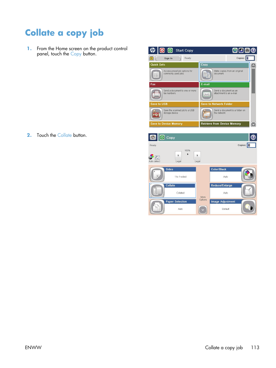 Collate a copy job | HP LaserJet Enterprise 500 MFP M525 User Manual | Page 127 / 332