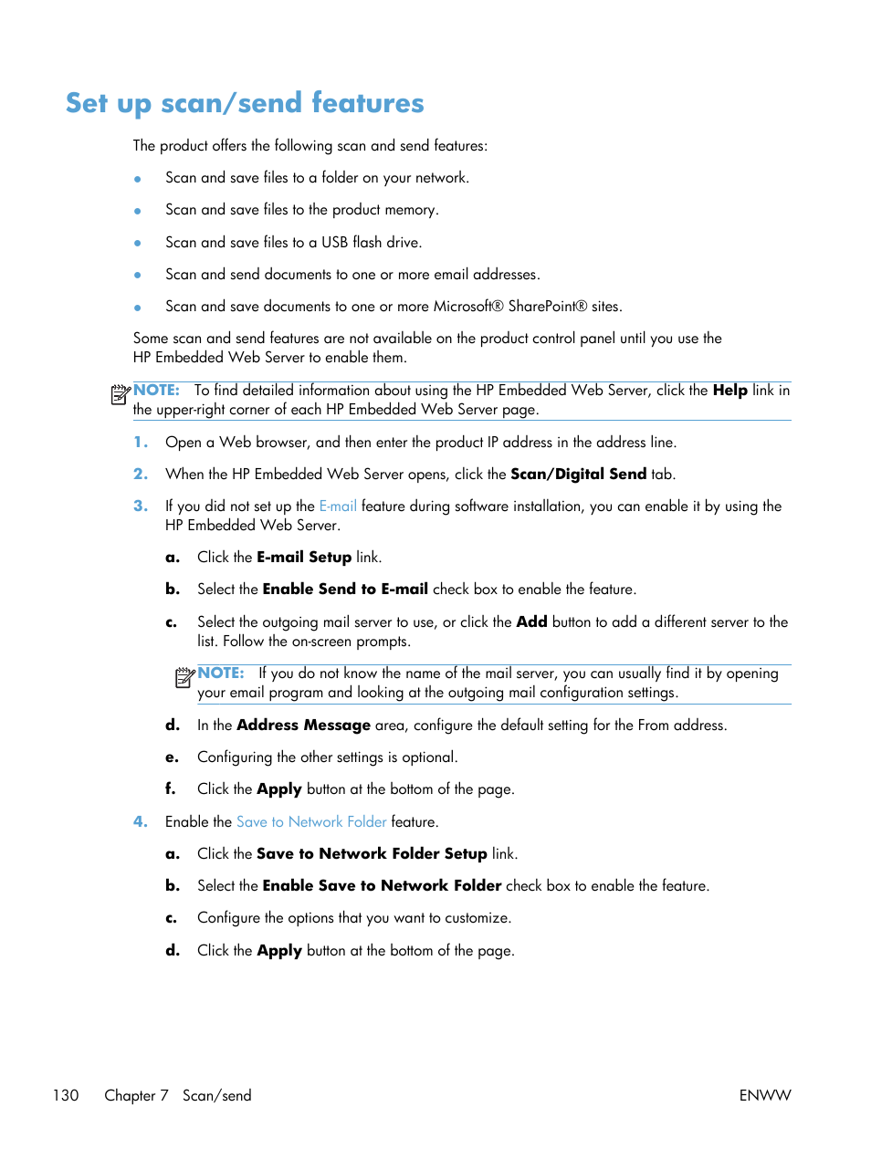 Set up scan/send features | HP LaserJet Enterprise 500 MFP M525 User Manual | Page 144 / 332