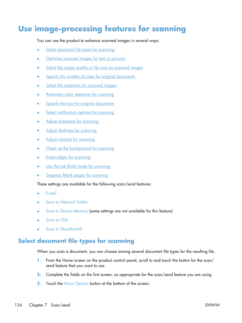 Use image-processing features for scanning, Select document file types for scanning | HP LaserJet Enterprise 500 MFP M525 User Manual | Page 148 / 332