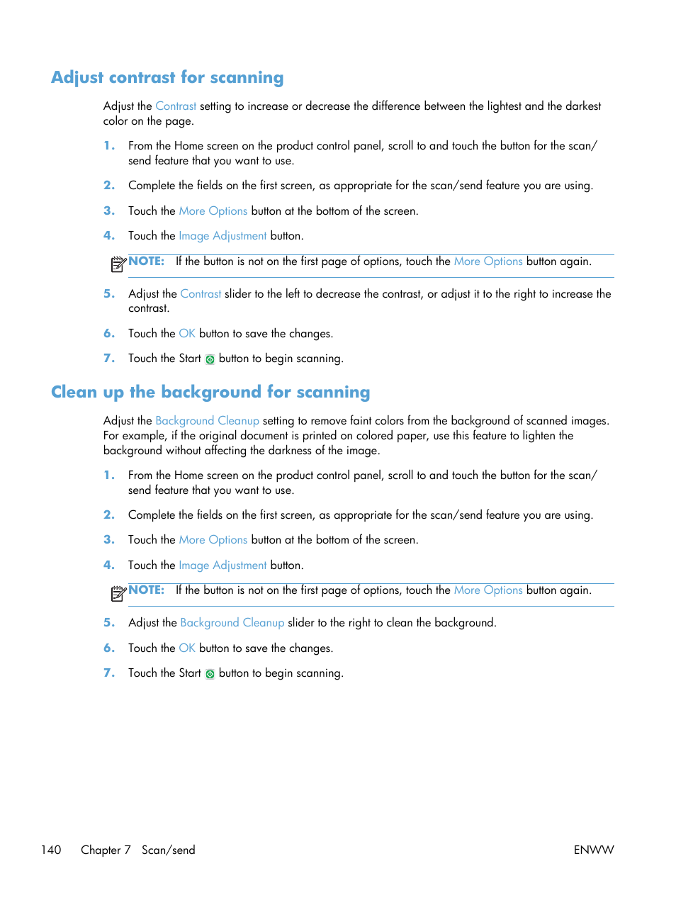 Adjust contrast for scanning, Clean up the background for scanning | HP LaserJet Enterprise 500 MFP M525 User Manual | Page 154 / 332