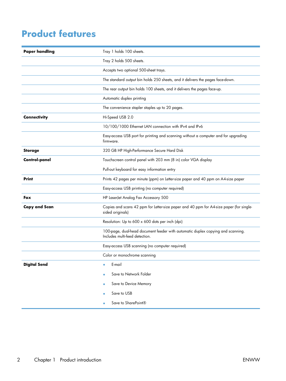 Product features, 2chapter 1 product introduction enww | HP LaserJet Enterprise 500 MFP M525 User Manual | Page 16 / 332