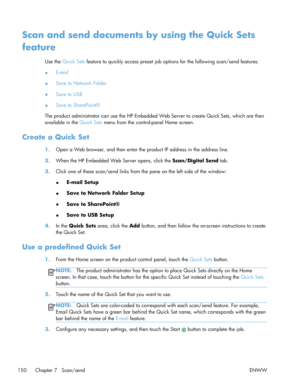 Create a quick set, Use a predefined quick set, Create a quick set use a predefined quick set | HP LaserJet Enterprise 500 MFP M525 User Manual | Page 164 / 332