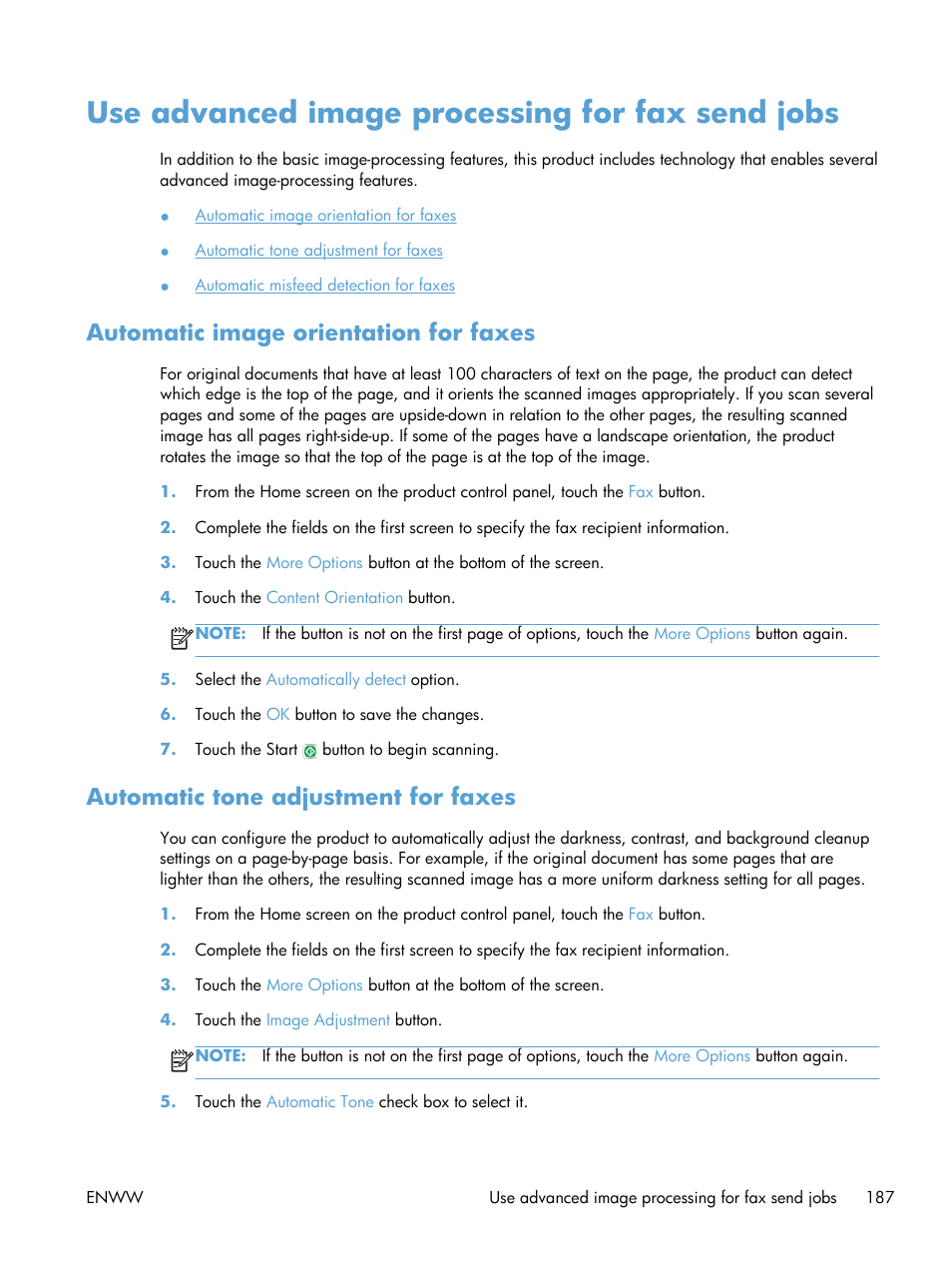 Use advanced image processing for fax send jobs, Automatic image orientation for faxes, Automatic tone adjustment for faxes | HP LaserJet Enterprise 500 MFP M525 User Manual | Page 201 / 332