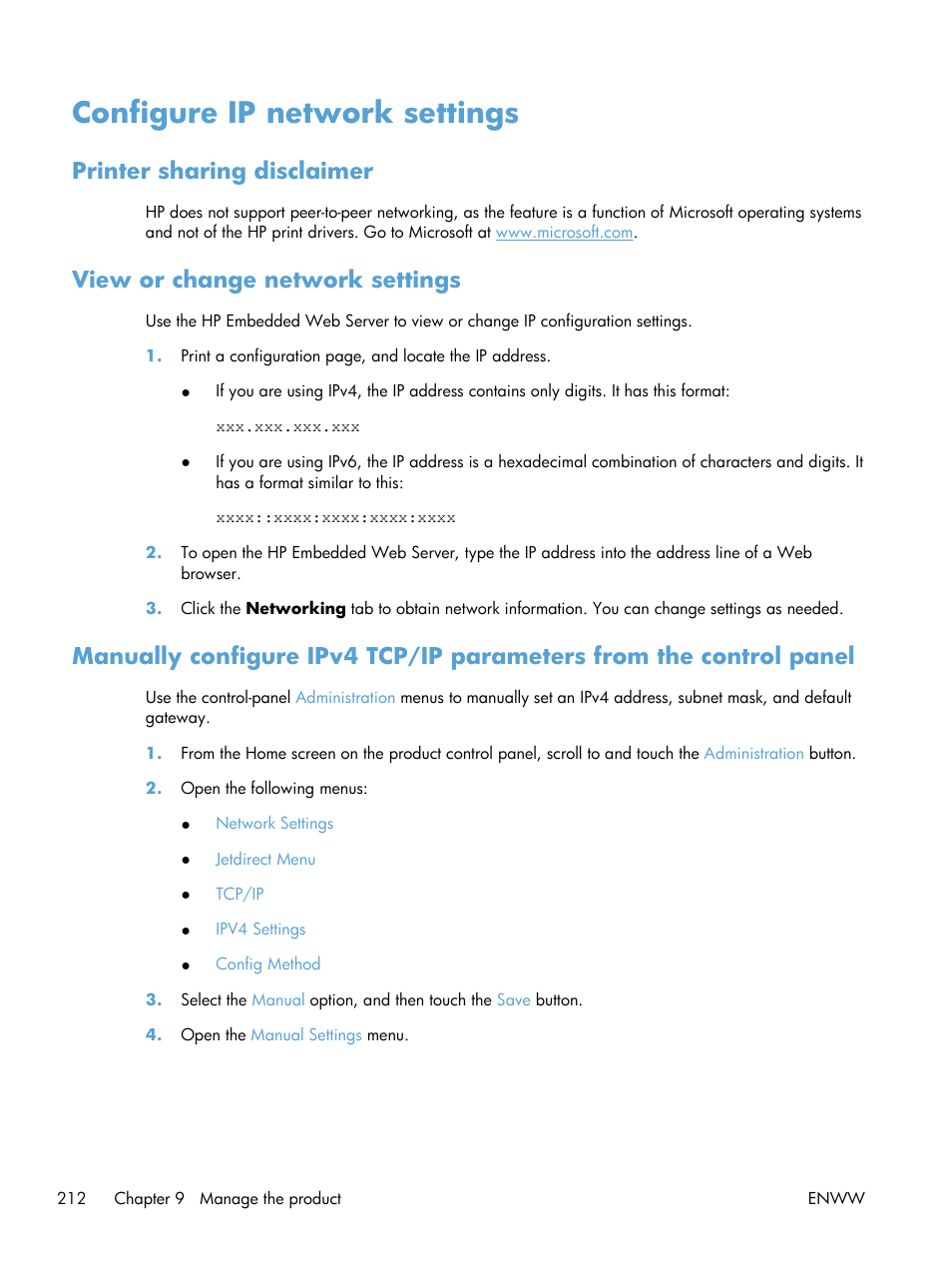 Configure ip network settings, Printer sharing disclaimer, View or change network settings | HP LaserJet Enterprise 500 MFP M525 User Manual | Page 226 / 332