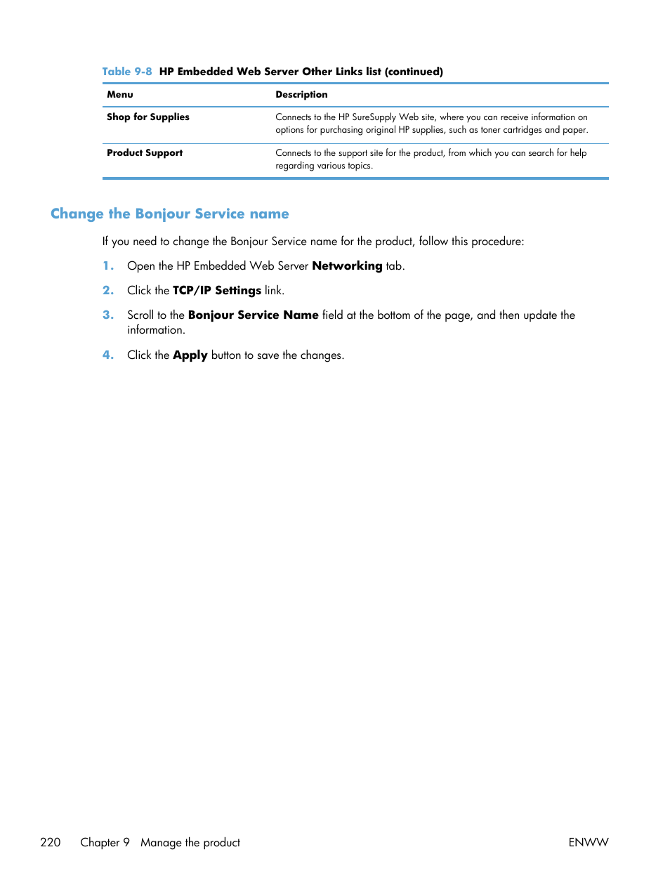 Change the bonjour service name | HP LaserJet Enterprise 500 MFP M525 User Manual | Page 234 / 332