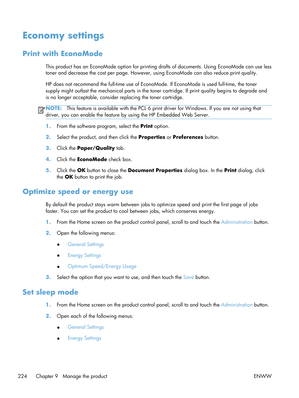 Economy settings, Print with economode, Optimize speed or energy use | Set sleep mode | HP LaserJet Enterprise 500 MFP M525 User Manual | Page 238 / 332