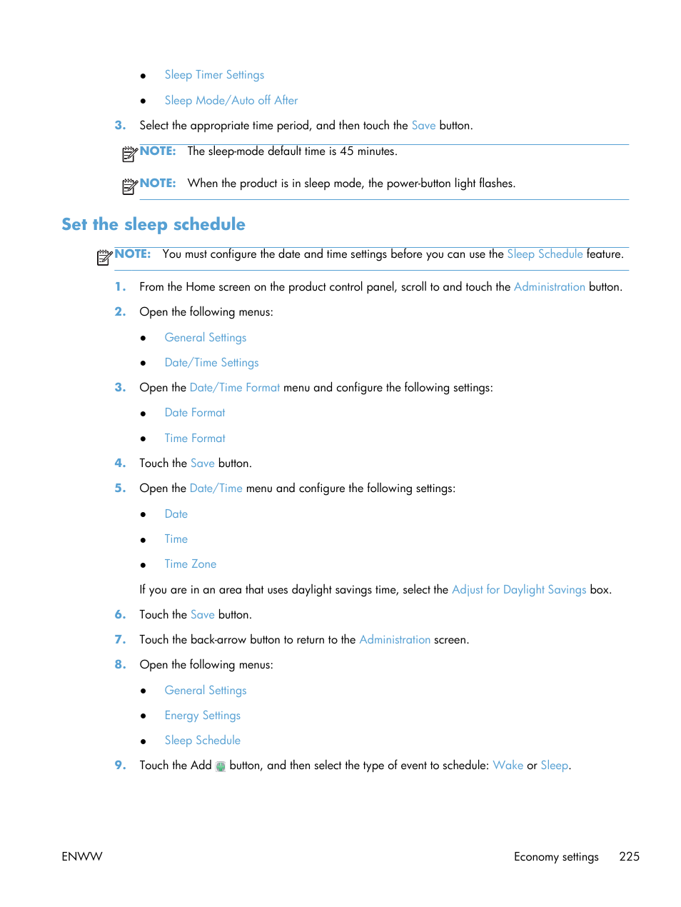 Set the sleep schedule | HP LaserJet Enterprise 500 MFP M525 User Manual | Page 239 / 332