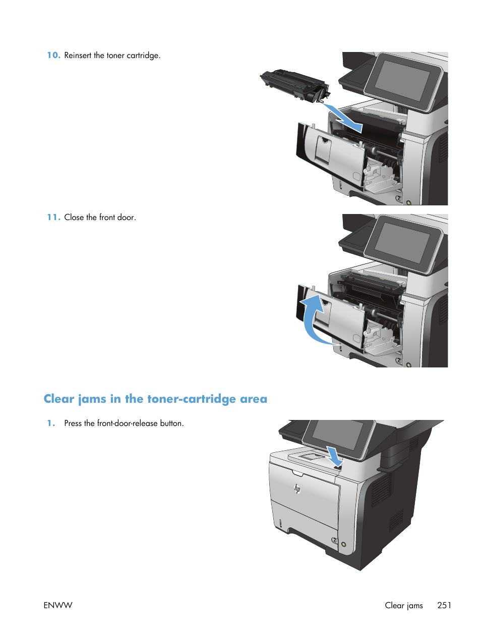 Clear jams in the toner-cartridge area | HP LaserJet Enterprise 500 MFP M525 User Manual | Page 265 / 332