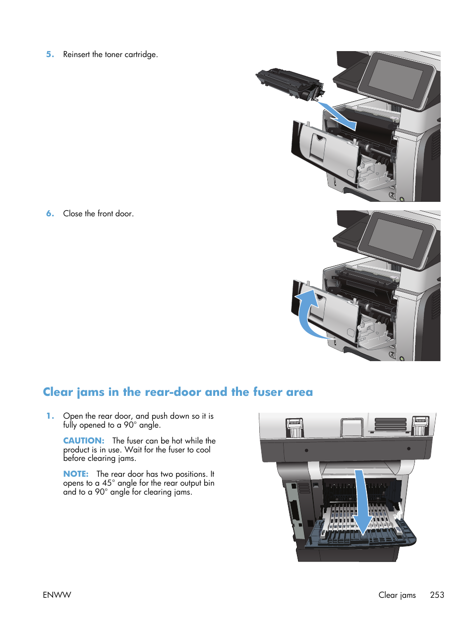 Clear jams in the rear-door and the fuser area | HP LaserJet Enterprise 500 MFP M525 User Manual | Page 267 / 332