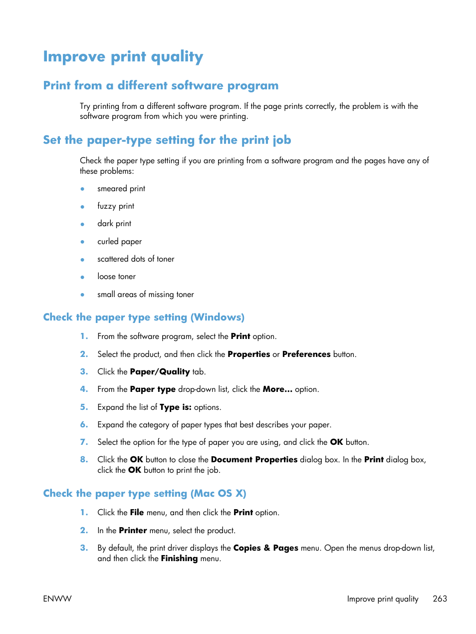 Improve print quality, Print from a different software program, Set the paper-type setting for the print job | Check the paper type setting (windows), Check the paper type setting (mac os x) | HP LaserJet Enterprise 500 MFP M525 User Manual | Page 277 / 332