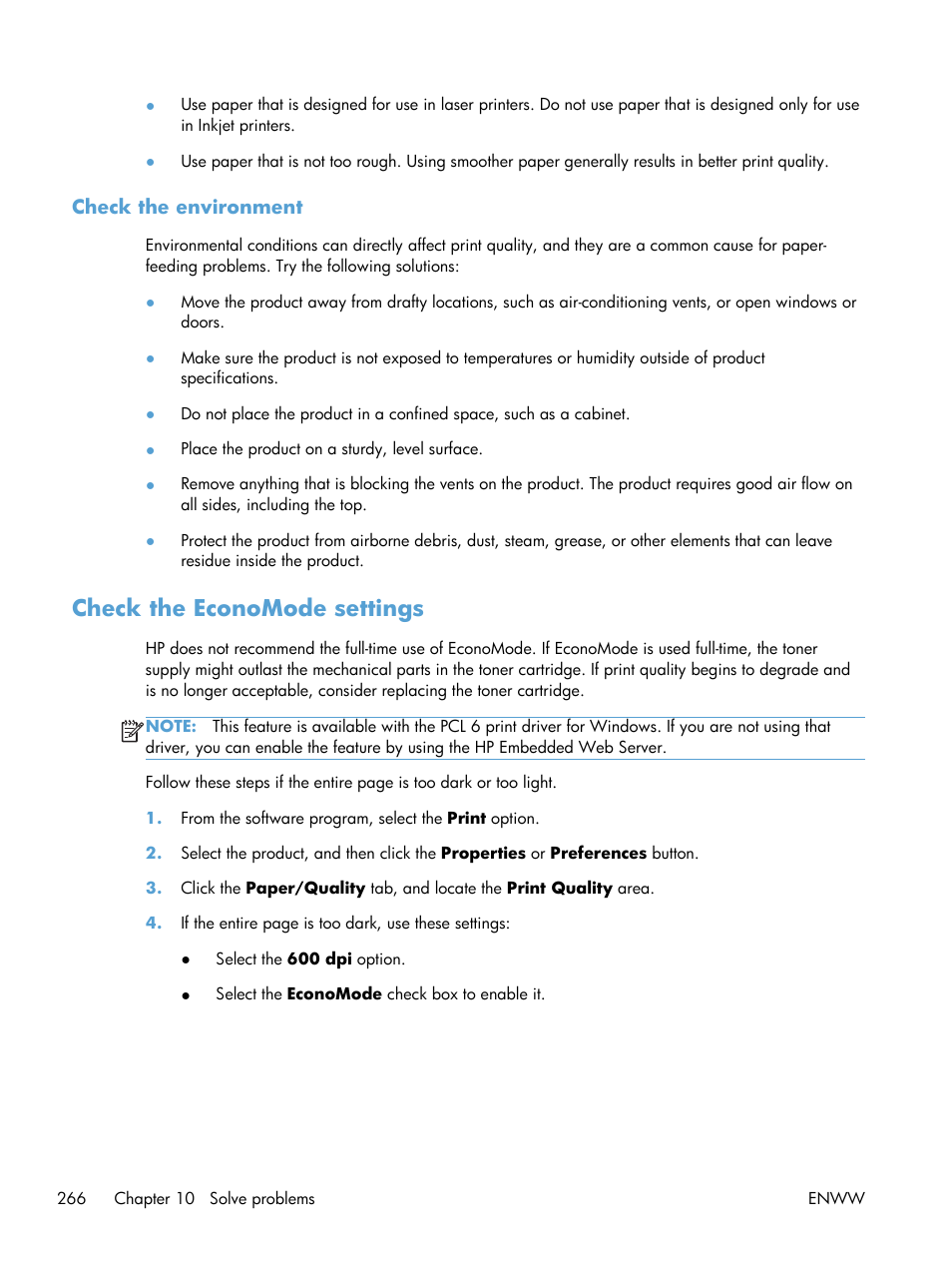 Check the environment, Check the economode settings | HP LaserJet Enterprise 500 MFP M525 User Manual | Page 280 / 332