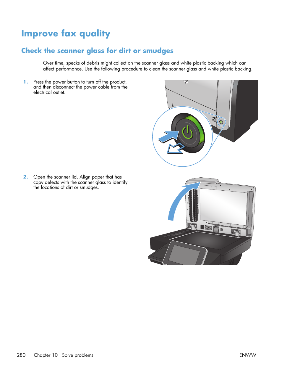 Improve fax quality, Check the scanner glass for dirt or smudges | HP LaserJet Enterprise 500 MFP M525 User Manual | Page 294 / 332