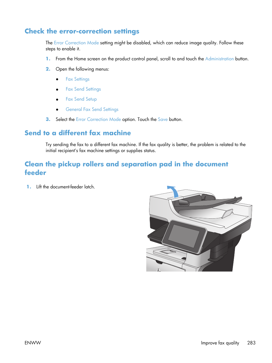 Check the error-correction settings, Send to a different fax machine | HP LaserJet Enterprise 500 MFP M525 User Manual | Page 297 / 332