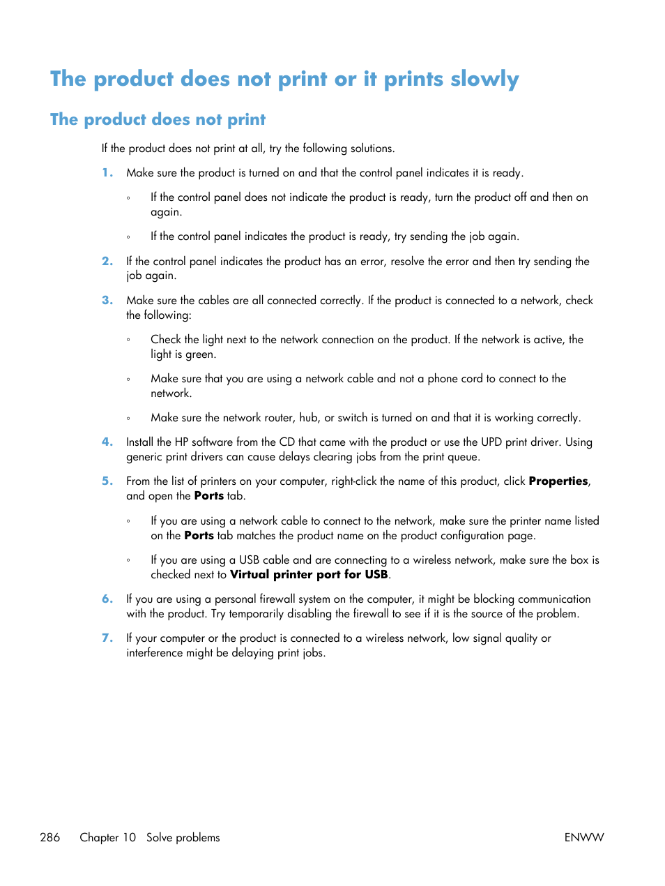 The product does not print or it prints slowly, The product does not print | HP LaserJet Enterprise 500 MFP M525 User Manual | Page 300 / 332