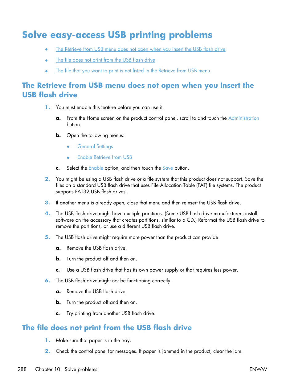 Solve easy-access usb printing problems, The file does not print from the usb flash drive | HP LaserJet Enterprise 500 MFP M525 User Manual | Page 302 / 332