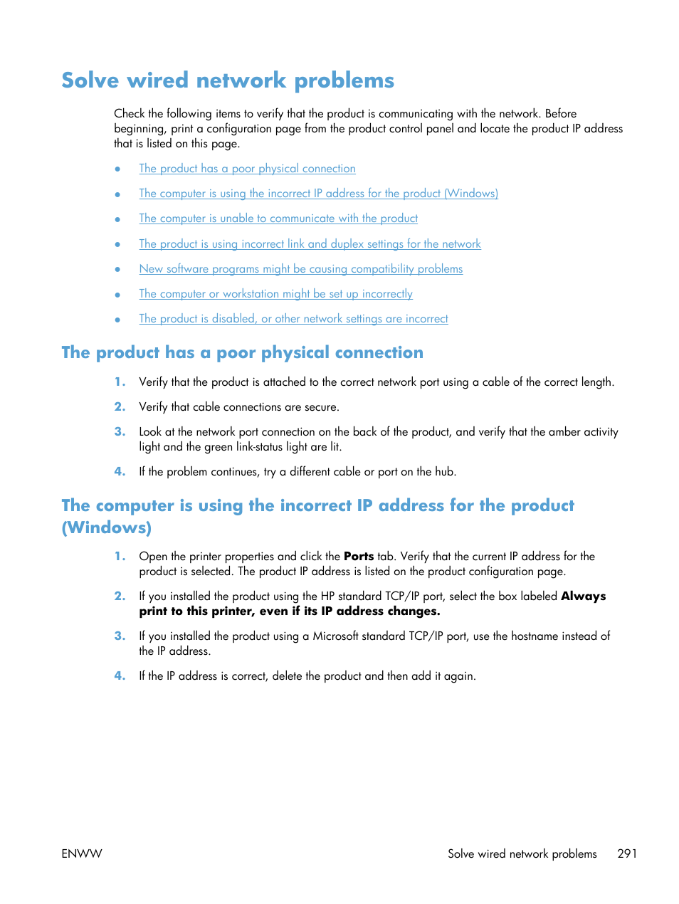 Solve wired network problems, The product has a poor physical connection | HP LaserJet Enterprise 500 MFP M525 User Manual | Page 305 / 332