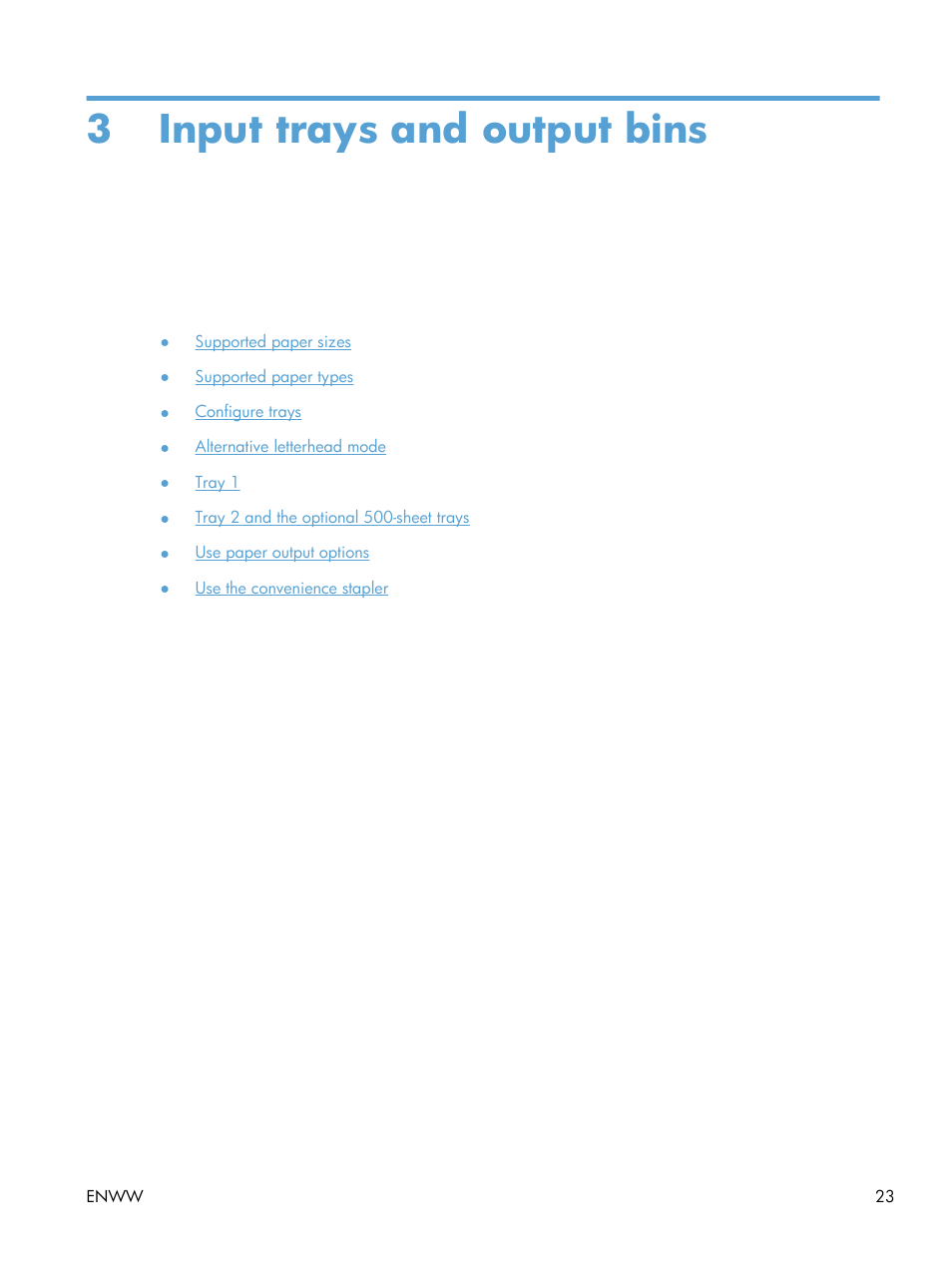 Input trays and output bins, 3 input trays and output bins | HP LaserJet Enterprise 500 MFP M525 User Manual | Page 37 / 332