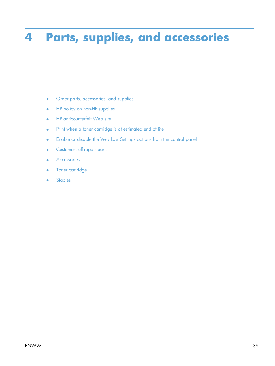 Parts, supplies, and accessories, 4 parts, supplies, and accessories | HP LaserJet Enterprise 500 MFP M525 User Manual | Page 53 / 332