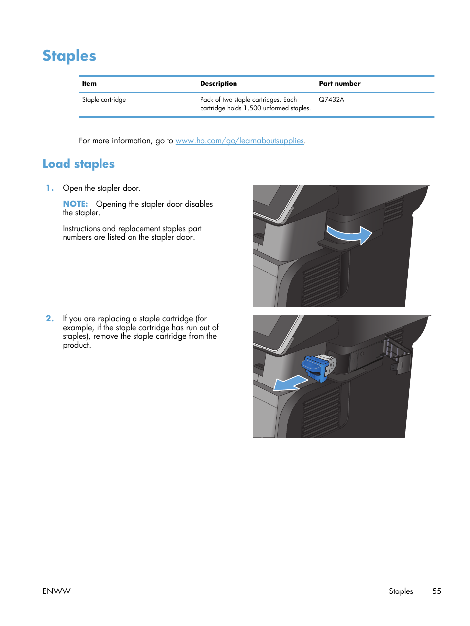 Staples, Load staples | HP LaserJet Enterprise 500 MFP M525 User Manual | Page 69 / 332