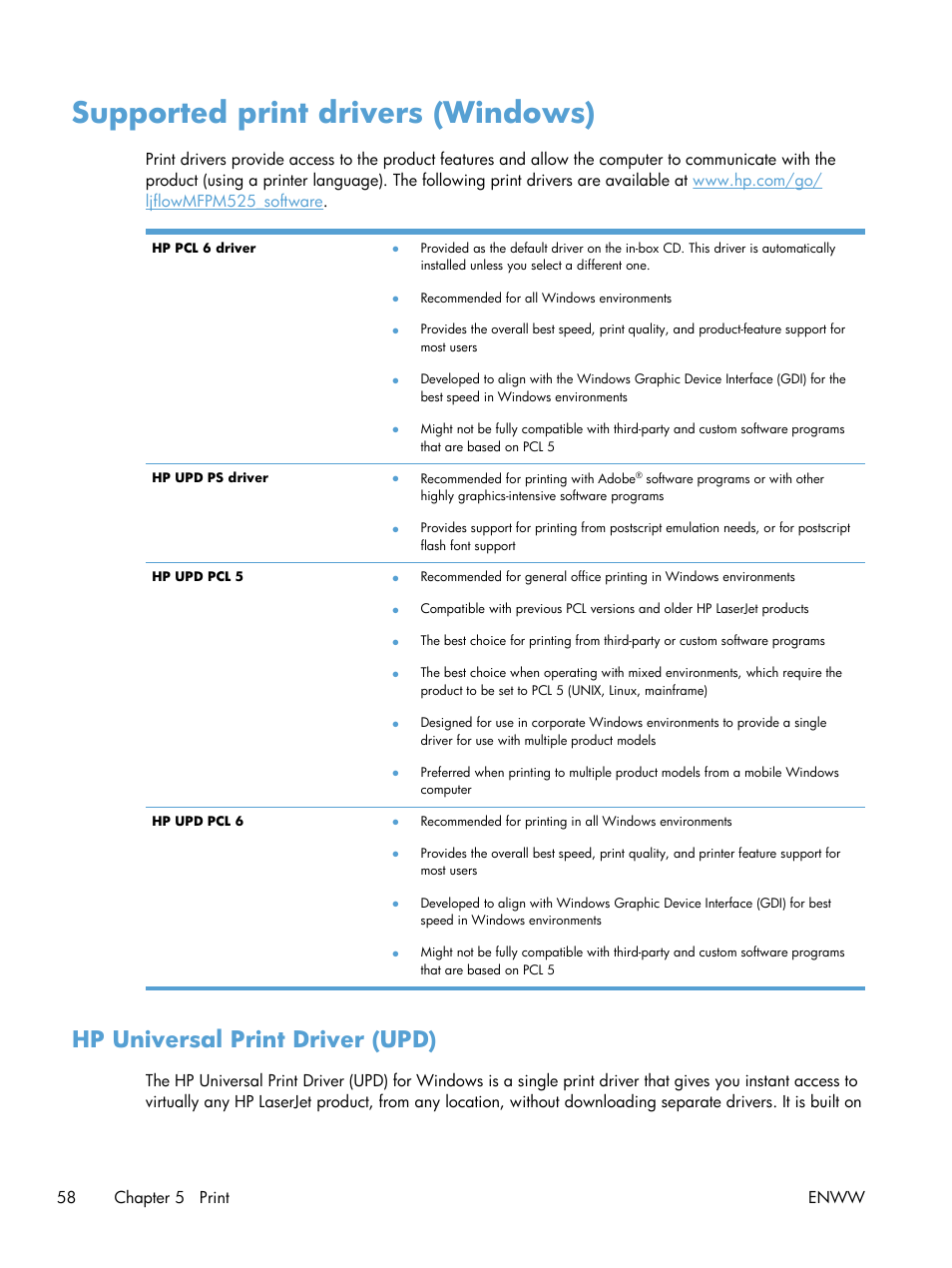 Supported print drivers (windows), Hp universal print driver (upd) | HP LaserJet Enterprise 500 MFP M525 User Manual | Page 72 / 332