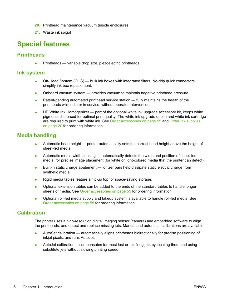 Special features, Printheads, Ink system | Media handling, Calibration, Printheads ink system media handling calibration | HP Scitex FB700 Industrial Printer User Manual | Page 12 / 102