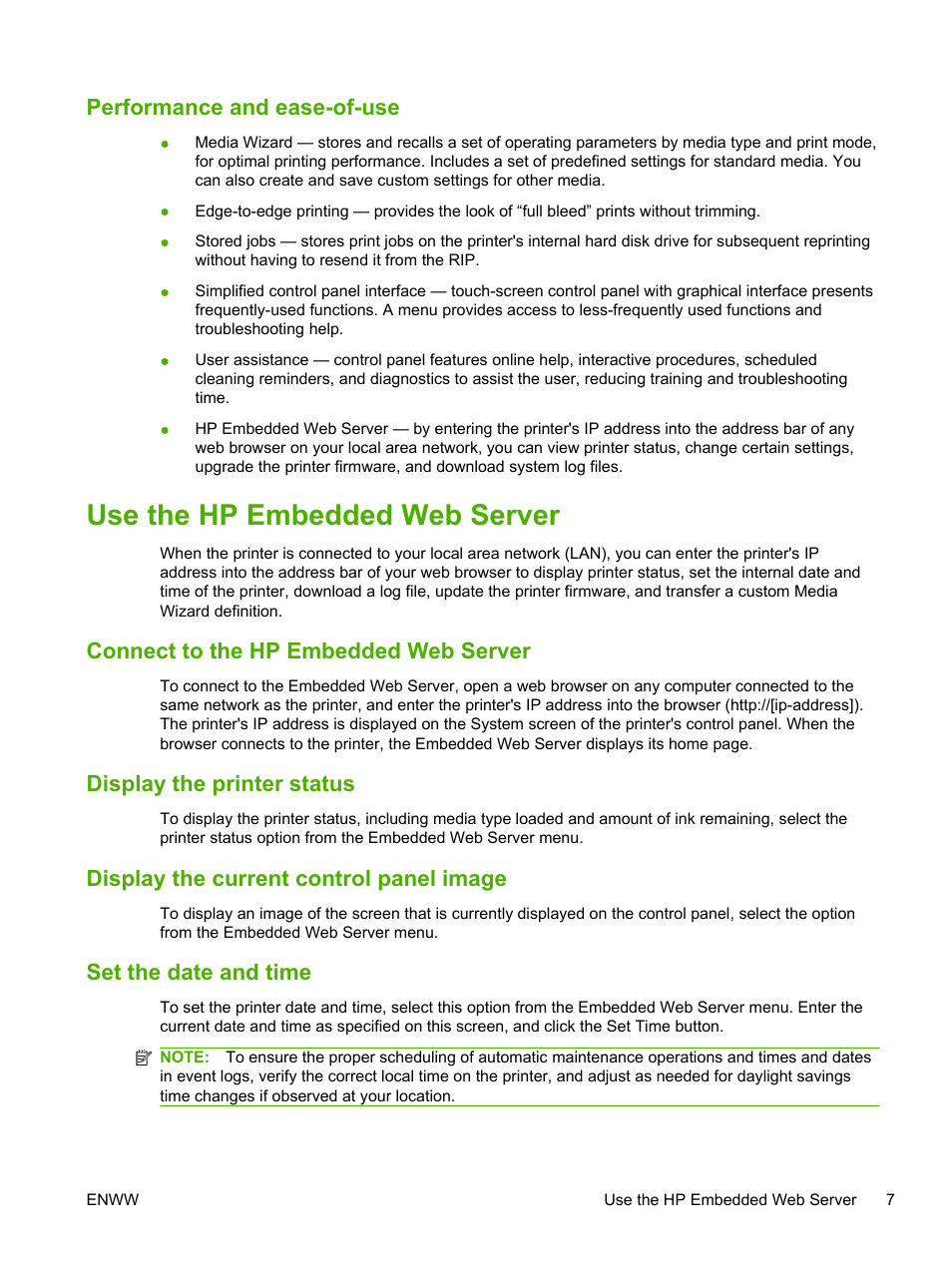 Performance and ease-of-use, Use the hp embedded web server, Connect to the hp embedded web server | Display the printer status, Display the current control panel image, Set the date and time | HP Scitex FB700 Industrial Printer User Manual | Page 13 / 102