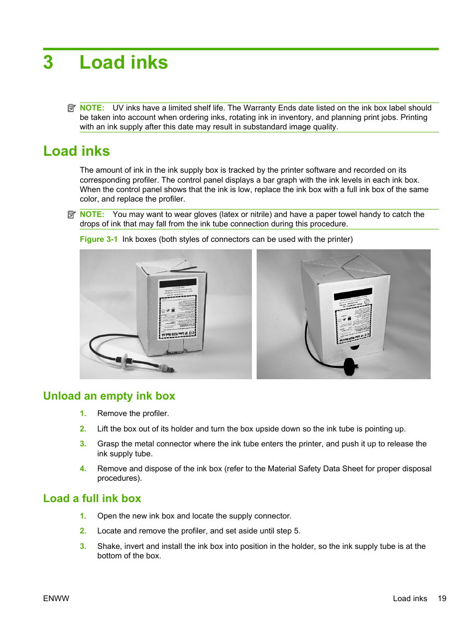 Load inks, Unload an empty ink box, Load a full ink box | 3 load inks, Unload an empty ink box load a full ink box, 3load inks | HP Scitex FB700 Industrial Printer User Manual | Page 25 / 102