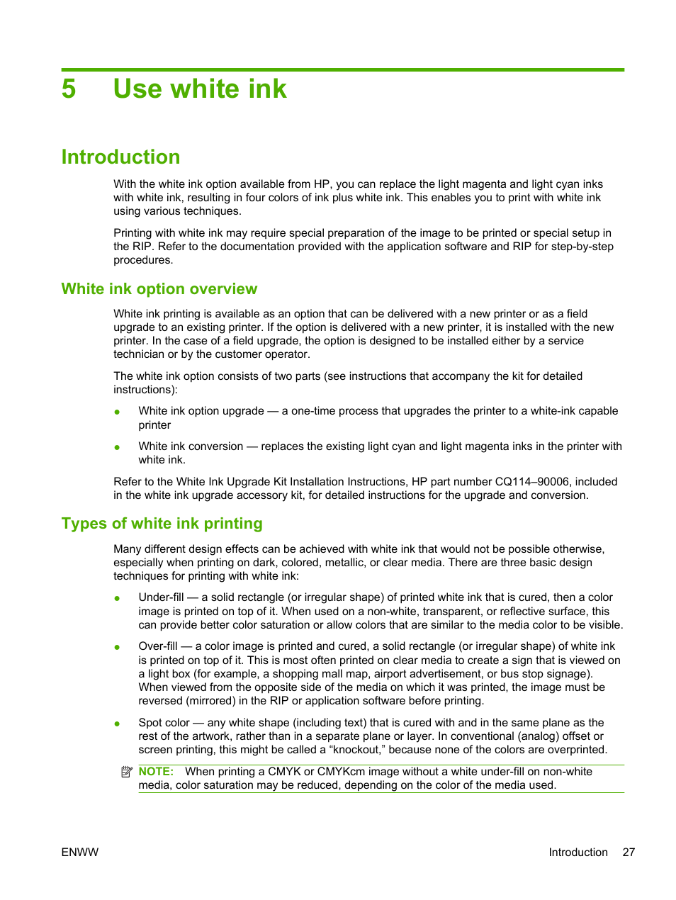 Use white ink, Introduction, White ink option overview | Types of white ink printing, 5 use white ink, 5use white ink | HP Scitex FB700 Industrial Printer User Manual | Page 33 / 102