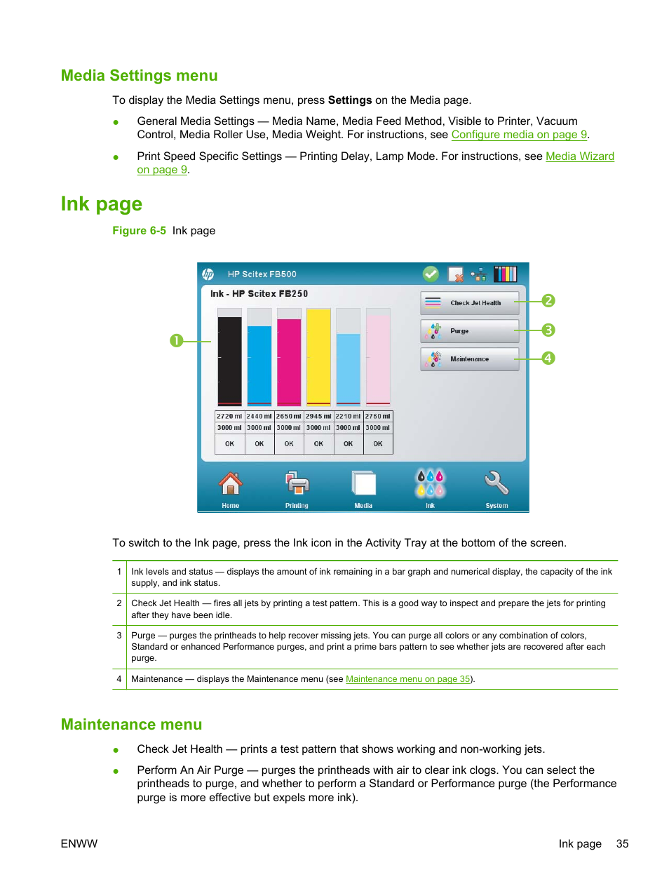 Media settings menu, Maintenance menu, Ink page | HP Scitex FB700 Industrial Printer User Manual | Page 41 / 102