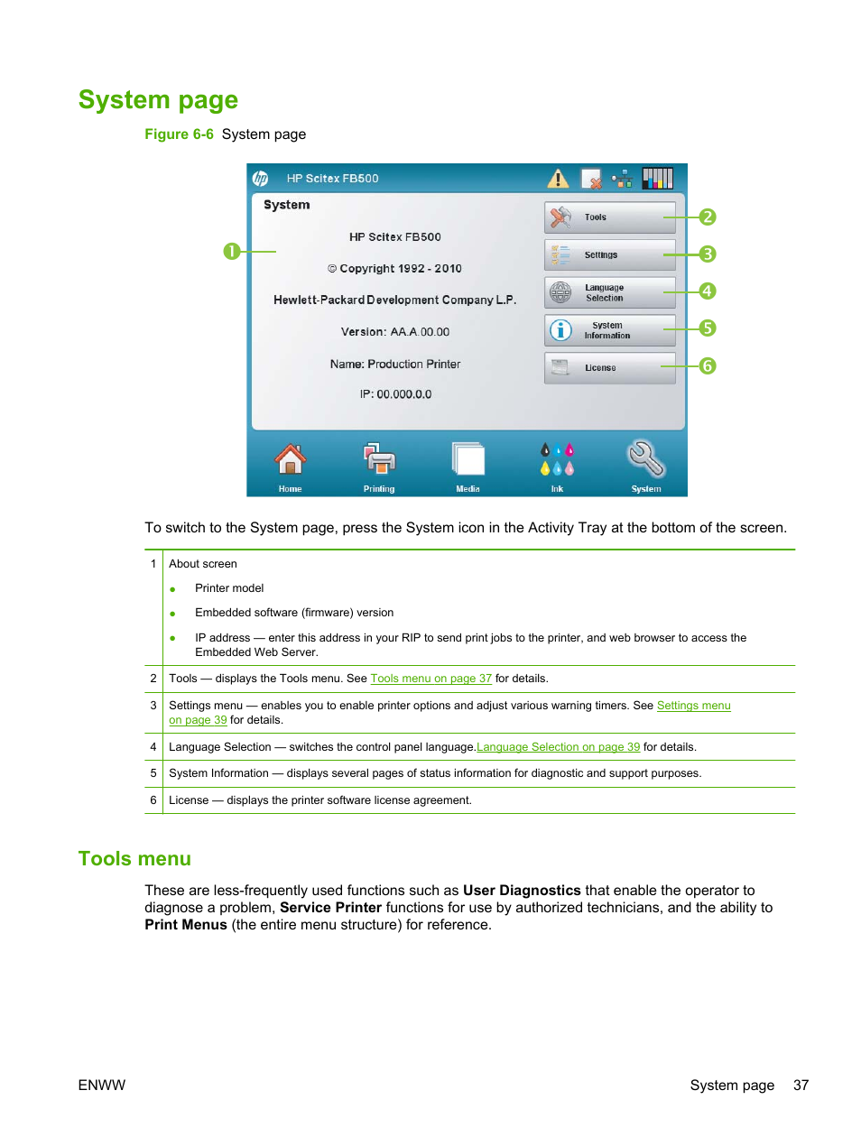Tools menu, System page | HP Scitex FB700 Industrial Printer User Manual | Page 43 / 102