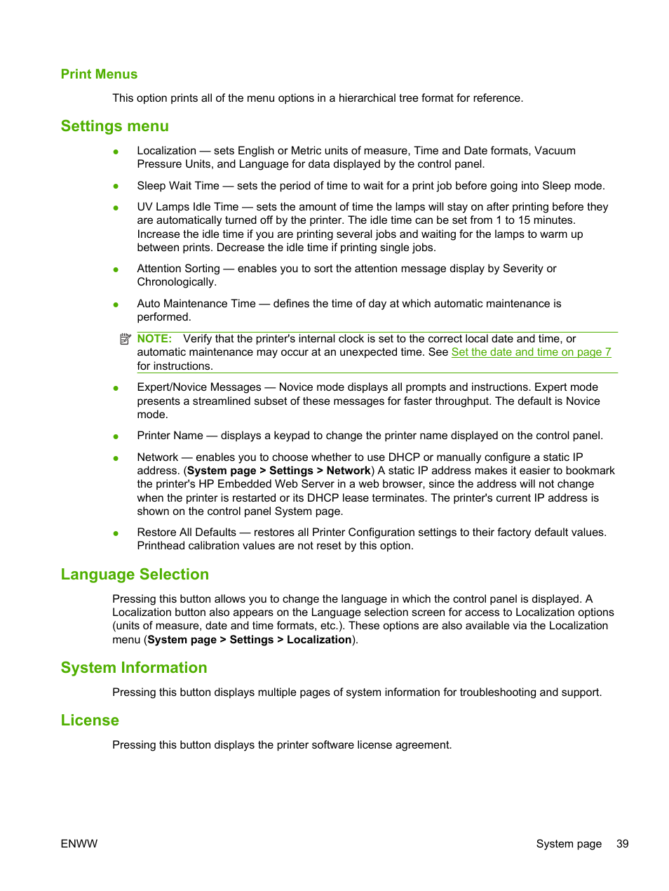 Print menus, Settings menu, Language selection | System information, License | HP Scitex FB700 Industrial Printer User Manual | Page 45 / 102