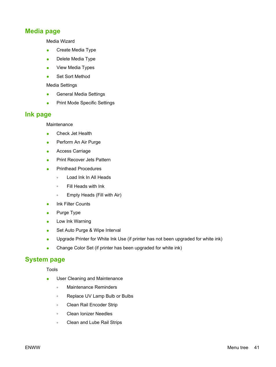 Media page, Ink page, System page | HP Scitex FB700 Industrial Printer User Manual | Page 47 / 102