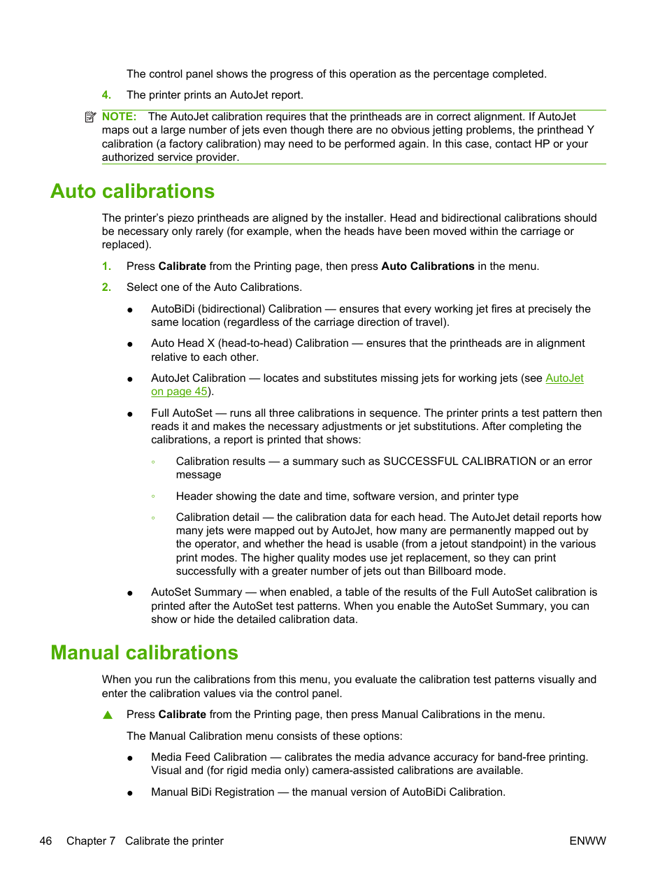 Auto calibrations, Manual calibrations, Auto calibrations manual calibrations | HP Scitex FB700 Industrial Printer User Manual | Page 52 / 102