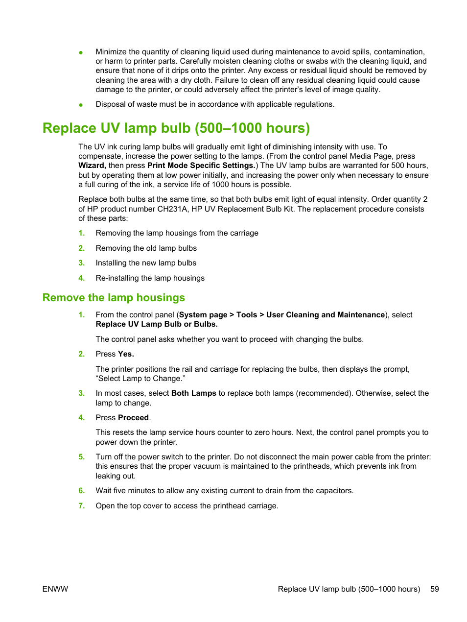 Replace uv lamp bulb (500–1000 hours), Remove the lamp housings | HP Scitex FB700 Industrial Printer User Manual | Page 65 / 102