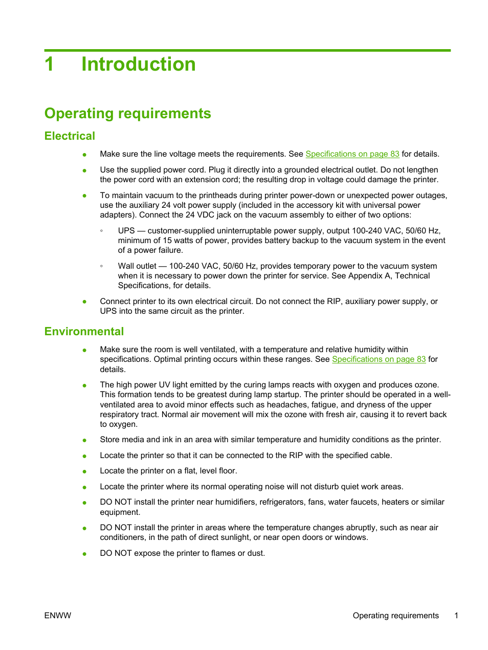 Introduction, Operating requirements, Electrical | Environmental, 1 introduction, Electrical environmental, 1introduction | HP Scitex FB700 Industrial Printer User Manual | Page 7 / 102