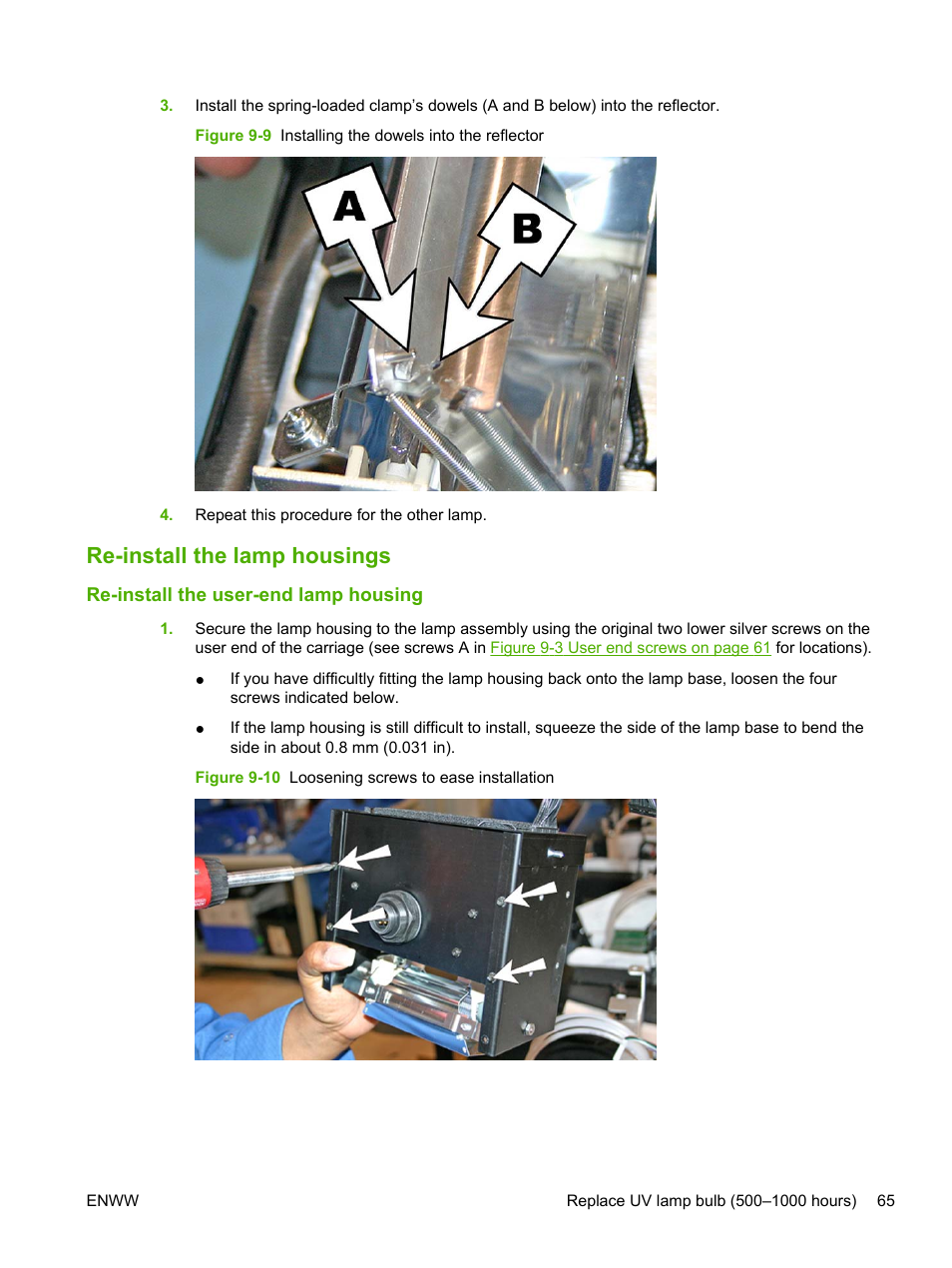 Re-install the lamp housings, Re-install the user-end lamp housing | HP Scitex FB700 Industrial Printer User Manual | Page 71 / 102