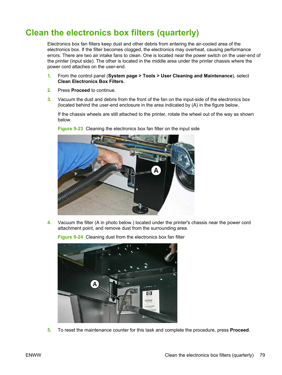 Clean the electronics box filters (quarterly) | HP Scitex FB700 Industrial Printer User Manual | Page 85 / 102